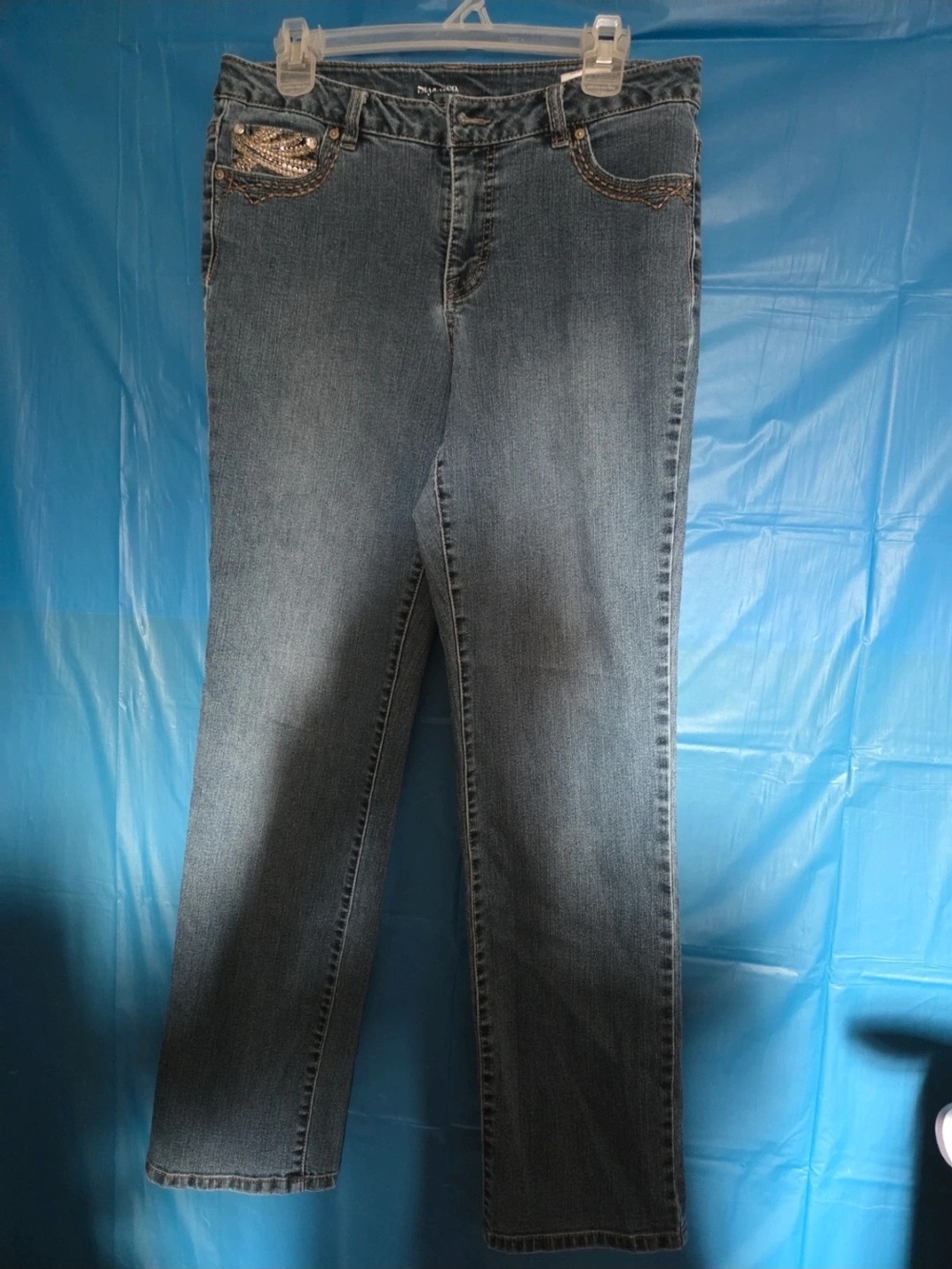 Style & Co. Straight Leg Jeans in Faded Blue with Embellished Pockets